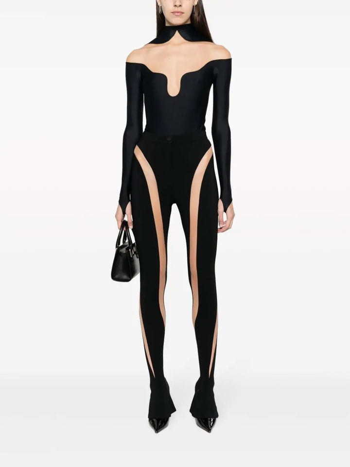 Paneled bodysuit with sheer neckline