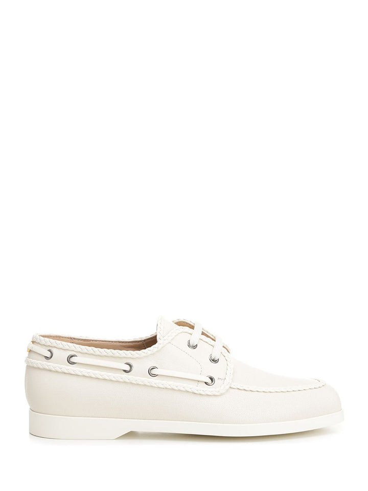 Ivory White Leather Boat Loafer Sneakers White