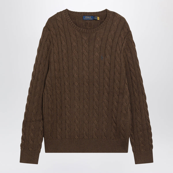 Brown Cable-Knit Cotton Crewneck Sweater