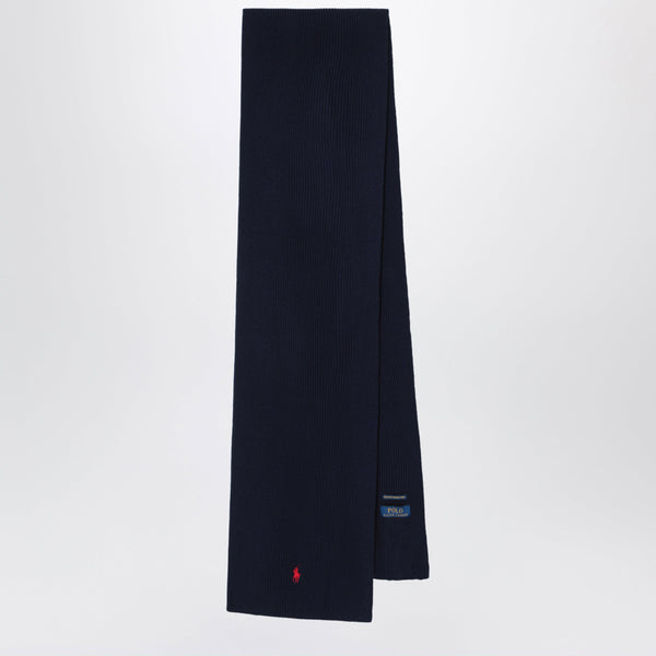 Navy Wool Scarf With Embroidered Pony