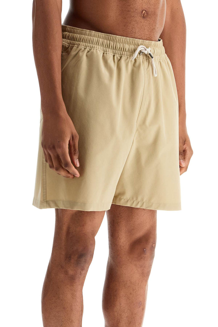 Beige Solid Color Mid Trunk Swim Trunks In Recycled Polyester With Pocket