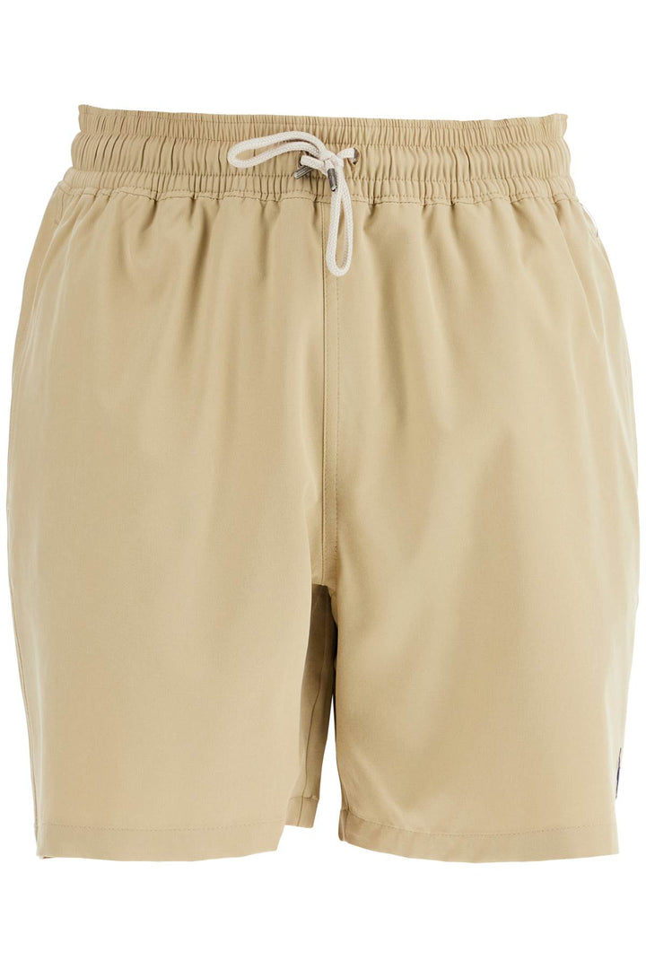 Beige Solid Color Mid Trunk Swim Trunks In Recycled Polyester With Pocket