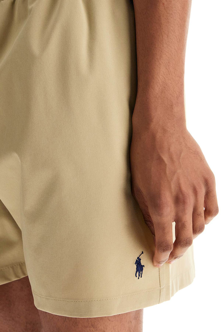 Beige Solid Color Mid Trunk Swim Trunks In Recycled Polyester With Pocket