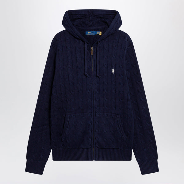 Navy Blue Cotton Cable-Knit Zip-Up Cardigan