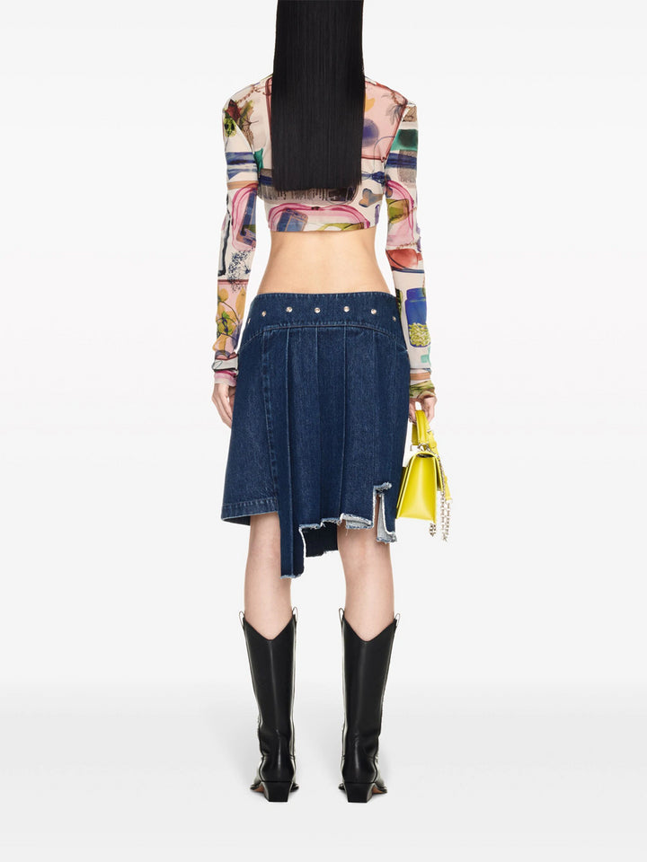 Pleated asymmetric denim skirt