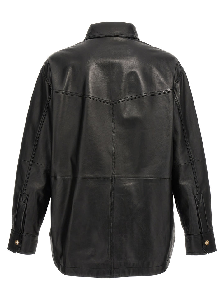 Logo Button Leather Jacket Casual Jackets, Parka Black