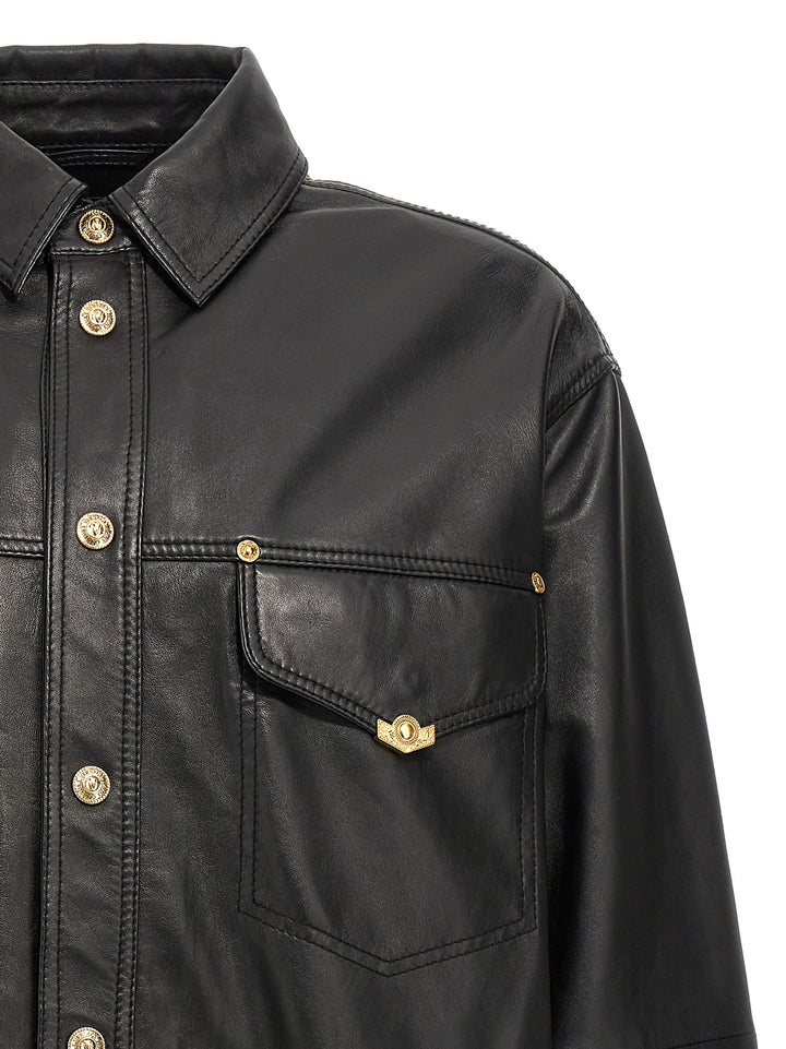 Logo Button Leather Jacket Casual Jackets, Parka Black