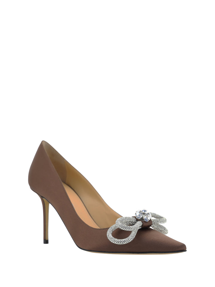 DOUBLE BOW BROWN SATIN PUMPS (85MM)