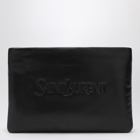 Black Padded Leather Clutch Bag With Logo