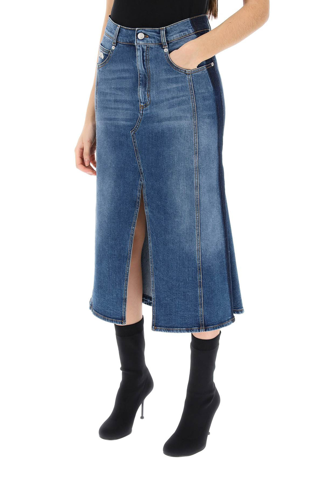 Washed Denim Midi Skirt