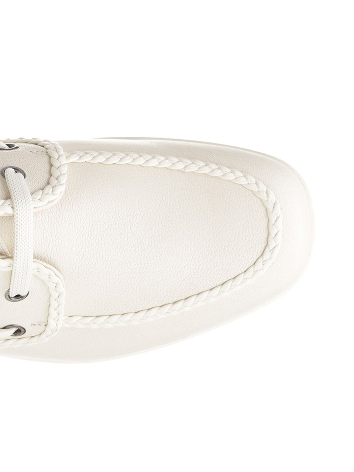 Ivory White Leather Boat Loafer Sneakers White