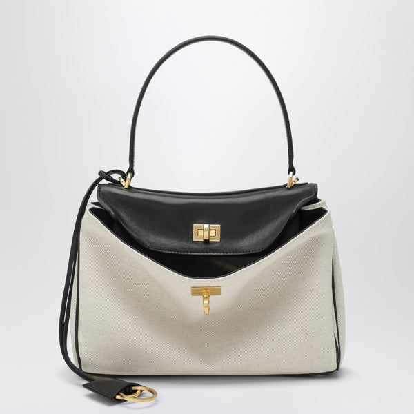 Small Rodeo Handbag In Linen And Lambskin, Natural/Black