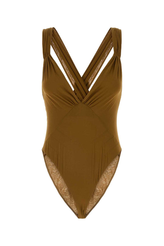 Semi-Sheer Bodysuit Tops Beige