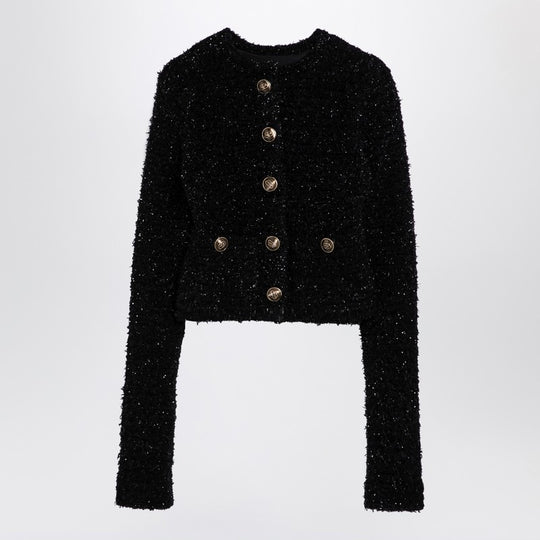 Black Cotton Blend Tweed Cropped Cardigan