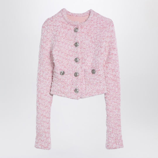 Pink Cotton Blend Tweed Cropped Cardigan
