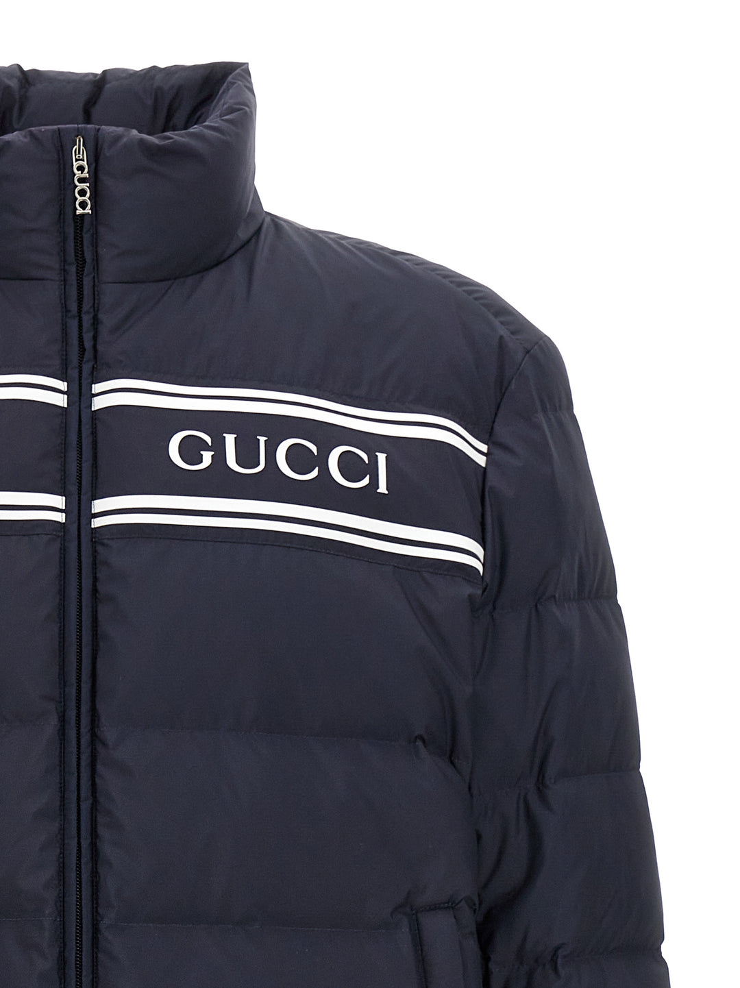 Gucci Logo Print Down Jacket Puffer Jackets - Blue | 410e13b72b3599e2e1975a7415a6f8bd9df2e5e9