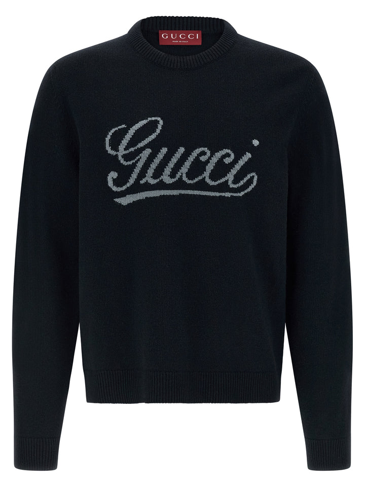 Gucci Gucci Logo Intarsia Sweater Sweaters and Cardigans - Blue | 3f2a22e0e3007afde826ce8c128b7ef47d612277