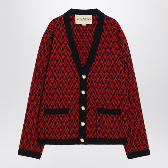 Jacquard Patterned Cardigan Toute La V Red/Navy Blue