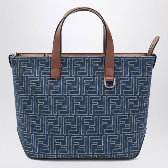 Small Shopping Bag In Blue Denim-Effect Ff Jacquard