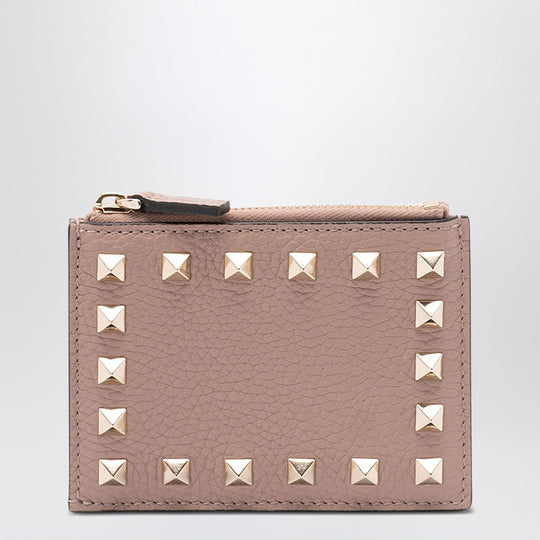 Rockstud Zipped Card Holder In Powder Pink Leather