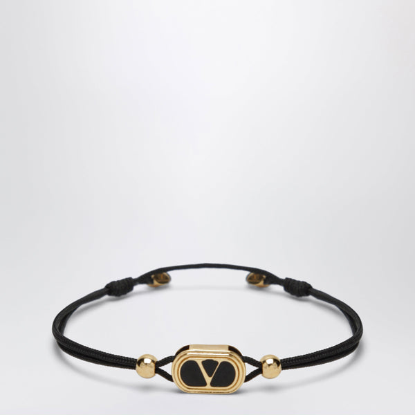 Black Cord Bracelet With Enamelled Gold V Logo