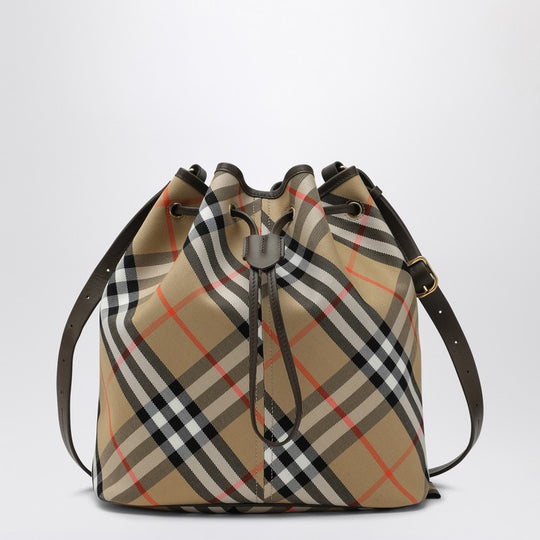 Medium Beige Bucket Bag With Check Pattern