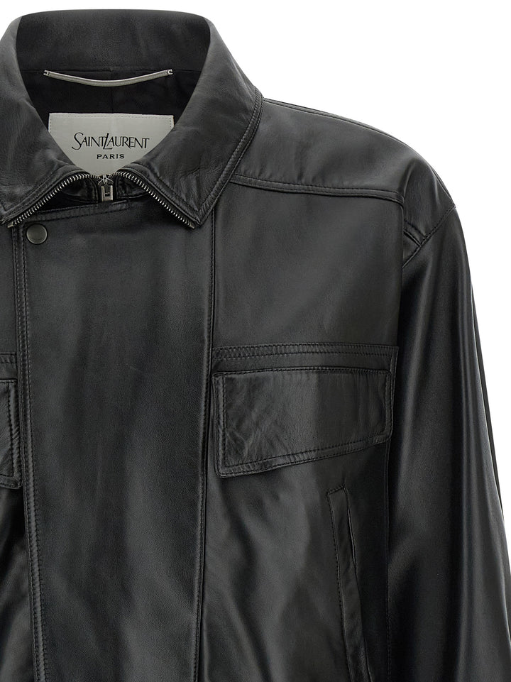 Saint Laurent Leather Bomber Jacket Puffer Jackets - Black | b95c5caccd4793df1ebe23abfdad4018440bb774