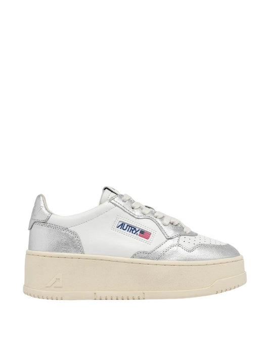 Sneakers Platform Low In Pelle Bianca E Argento