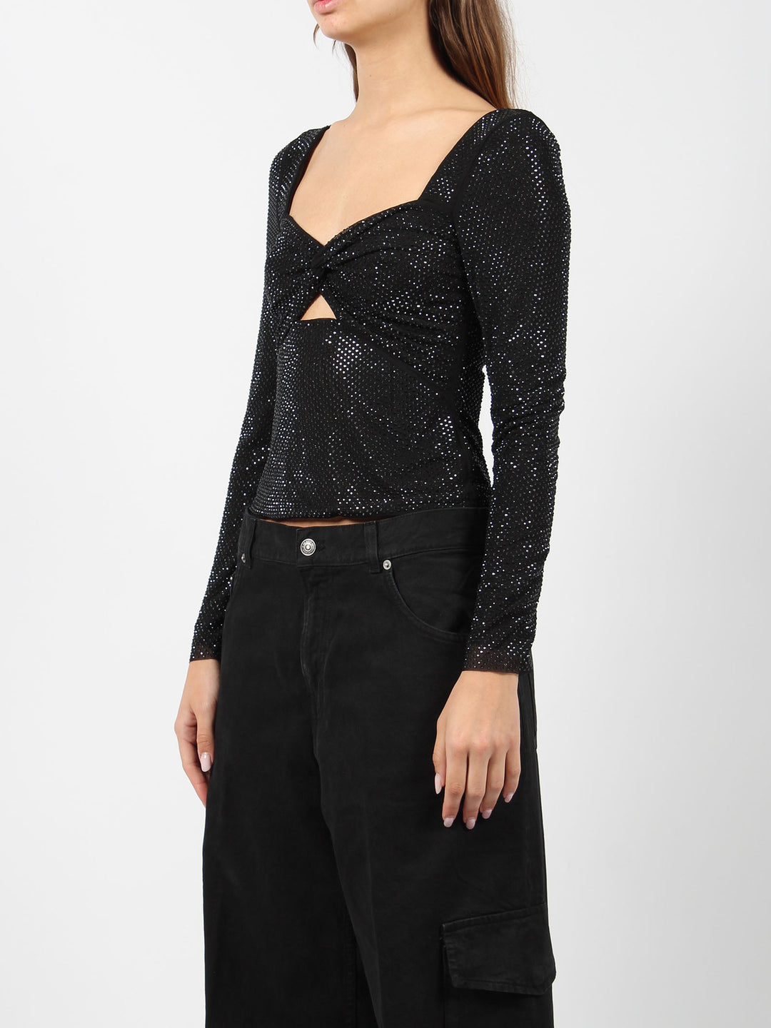 Rhinestone sweetheart mesh top