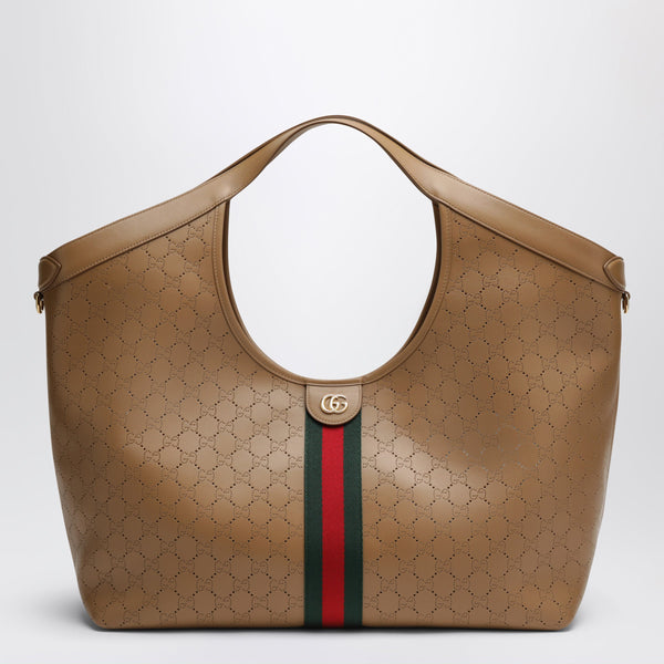 Giglio Large Shopping Tote In Perforated Gg Leather Beige