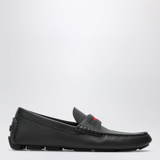 Men's Driver Loafer In Black Leather With Web