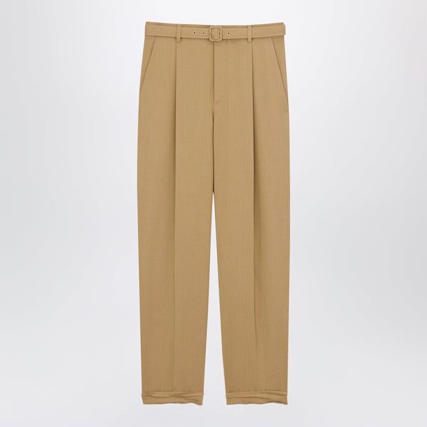High-Waisted Tailored Trousers With Belt In Beige Wool