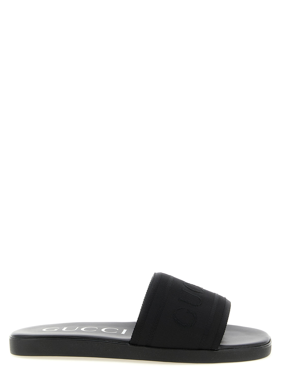 Gucci Jacquard Logo Slides Sandals - Black | b42185a1a127823afc3ec62f472f669bca76be9a