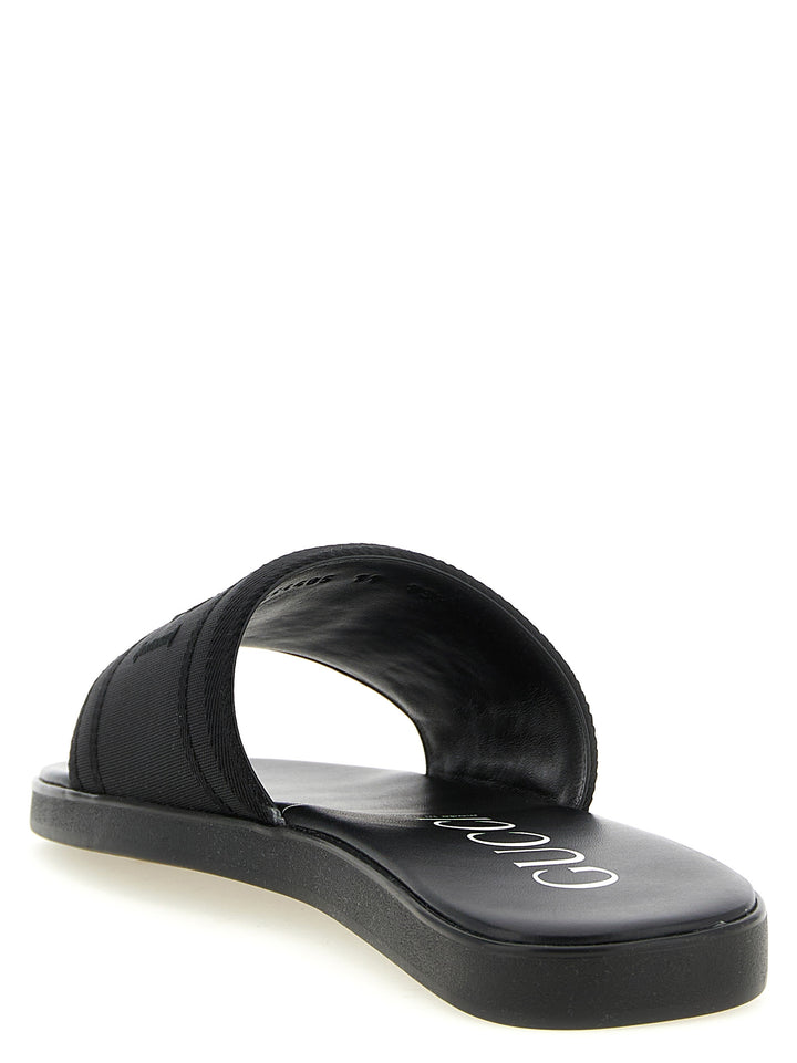 Gucci Jacquard Logo Slides Sandals - Black | cf07e92b79c250c48750752423f1f9122b7187ee