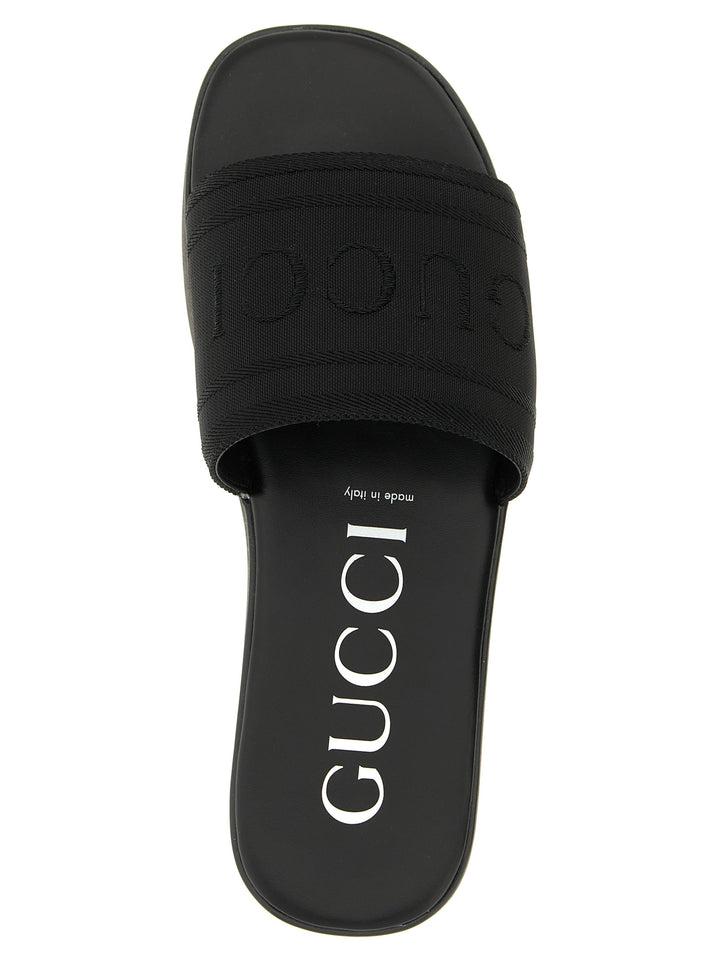 Gucci Jacquard Logo Slides Sandals - Black | bf9b54685b9ec619c9ad5c0c192efe92184dcbfe