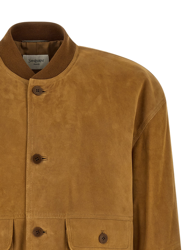 Saint Laurent Suede Bomber Jacket Puffer Jackets - Brown | d1bf9d89aed63962d7c255293168c4f6ce83b527