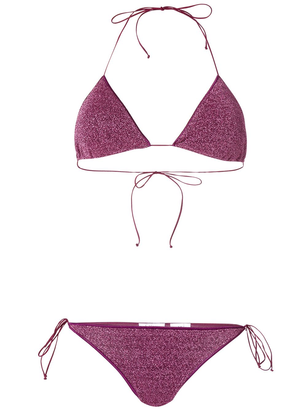 Two-piece bikini with triangle bra in shiny material.