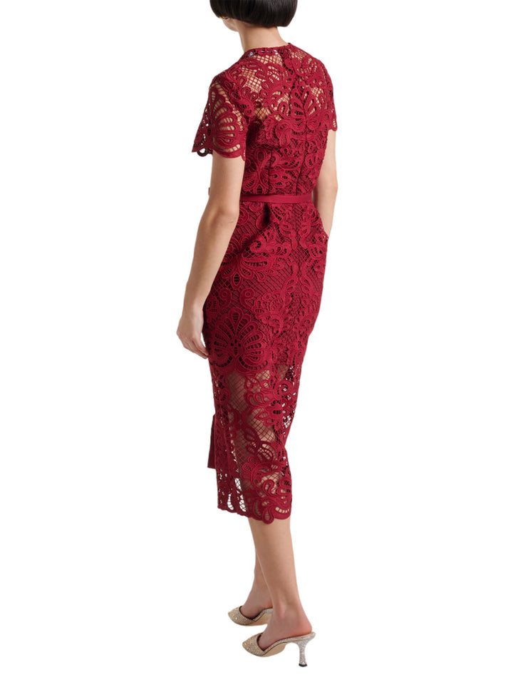 Red guipure lace button midi dress