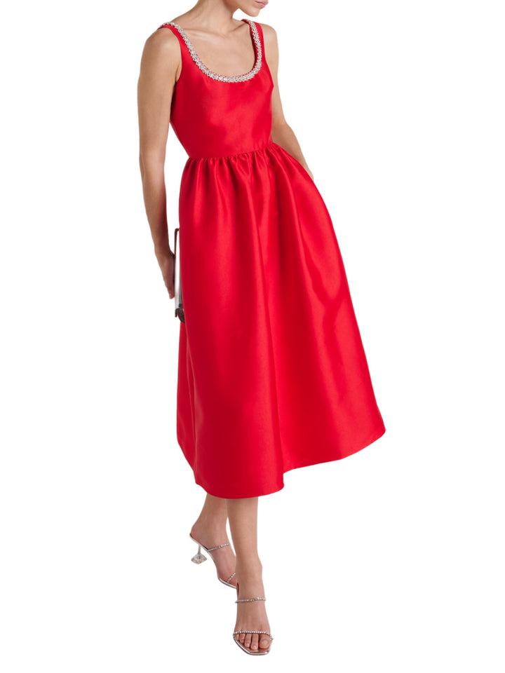 Red taffeta diamante midi dress