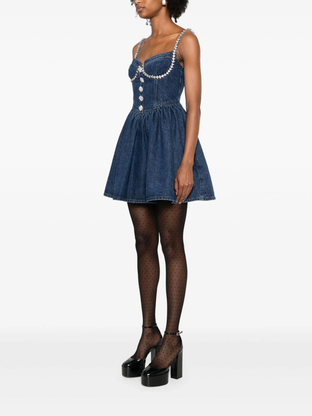 Diamante denim flared mini dress