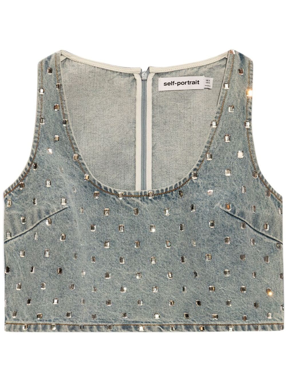 denim top embellished with rhinestones