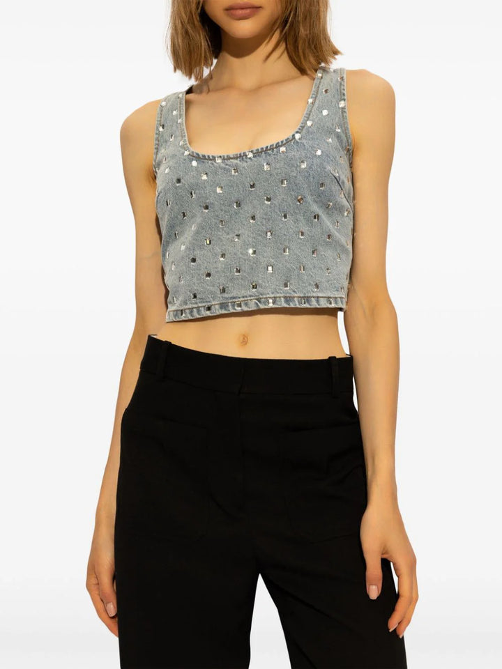 denim top embellished with rhinestones