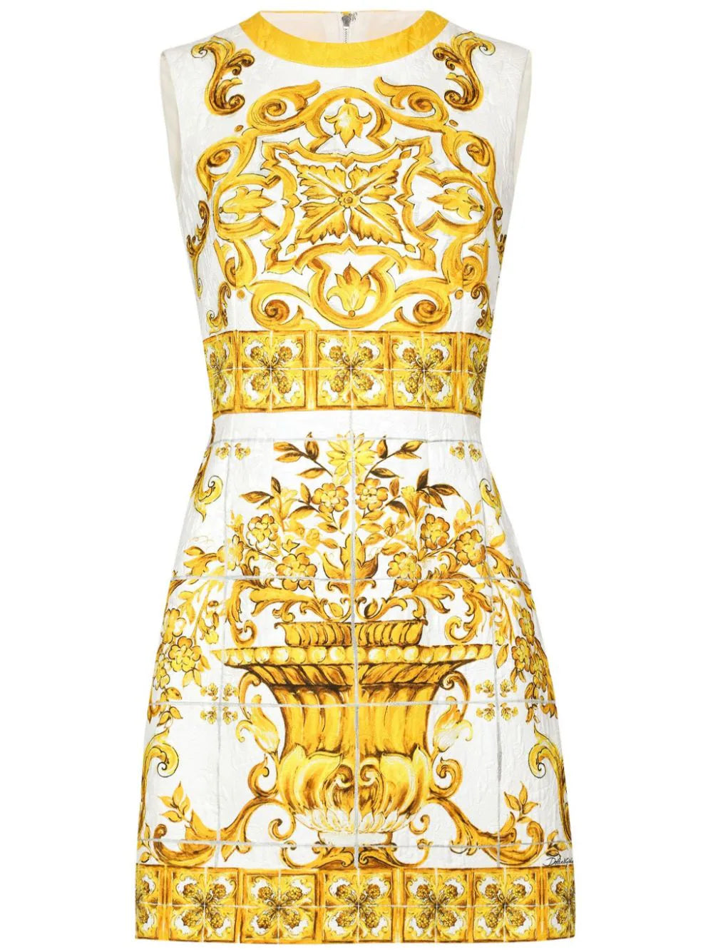 Short sleeveless dress with majolica print