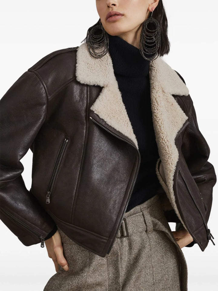 Leather biker jacket with shearling collar