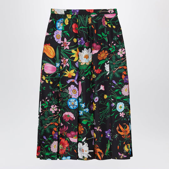 Pleated Midi Skirt In Silk Twill With Flora Print