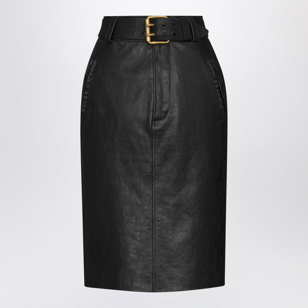 Black Crinkled Calfskin Belted Pencil Skirt