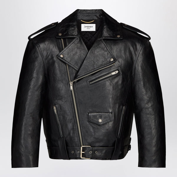 Pebbled Leather Biker Jacket In Black