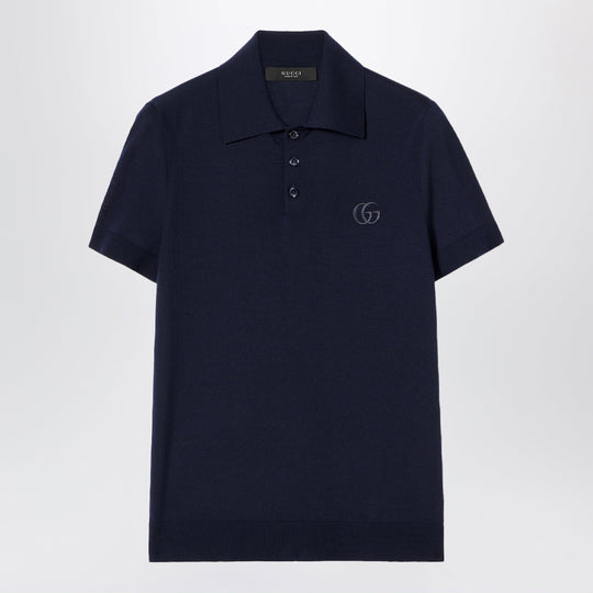 Dark Blue Wool Knit Polo With Gg Embroidery
