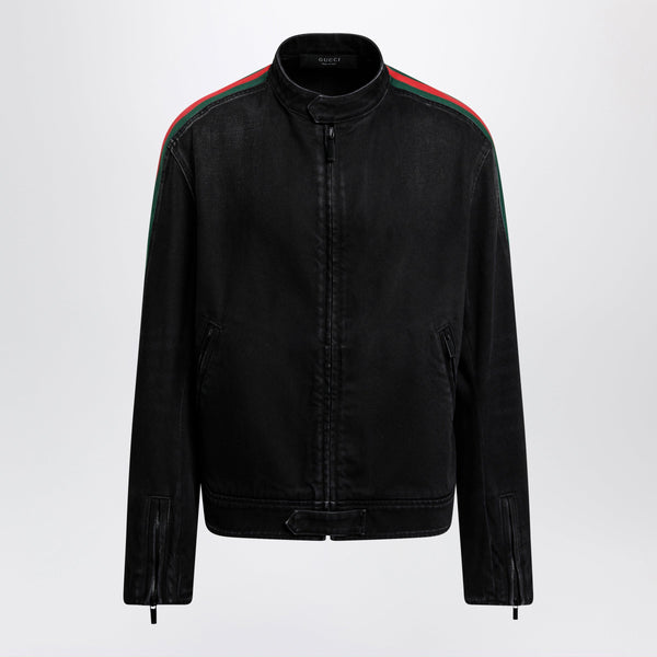 Black Cotton Denim Biker Jacket With Web Trim