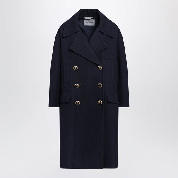 Long Navy Textured Wool Pea Coat